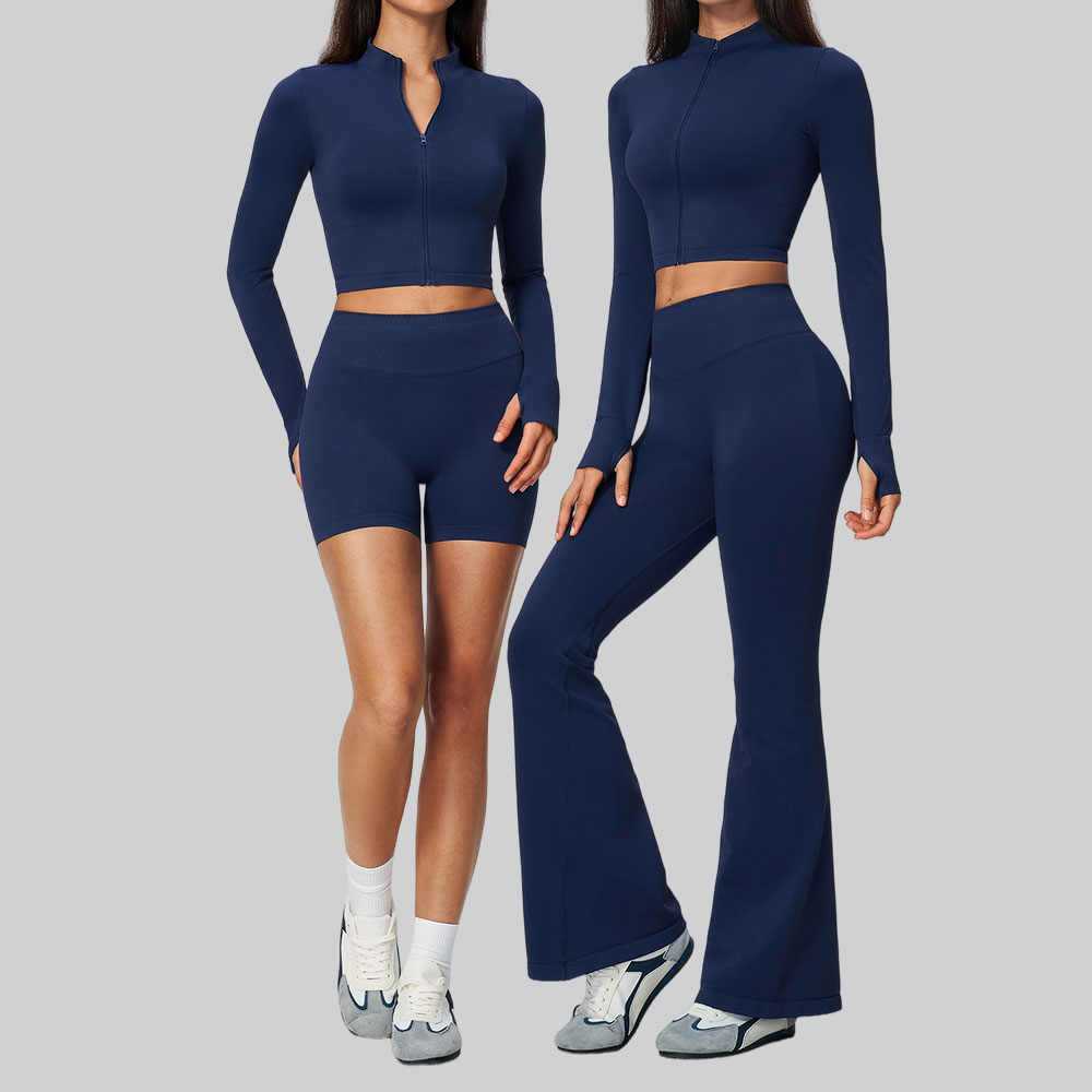 Compression Long Pant - ชุดออกกำลังกายโยคะไร้รอยต่อสำหรับผู้หญิง 2 ชิ้น เสื้อแขนยาวมีซิปและช่องสอดนิ้วโป้ง กางเกงเอวสูงทรงบาน ยกกระชับสะโพก